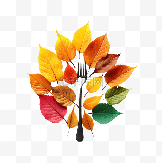 感恩节秋季场所设置，配有餐具和色彩缤纷的秋叶安排图片