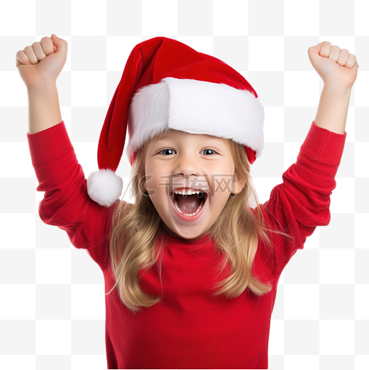 穿着红色圣诞老人的孩子微笑着，对圣诞节的概念感到兴奋图片