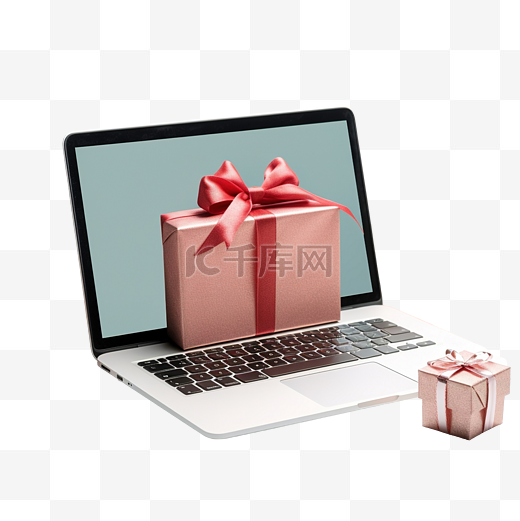 女性手握着笔记本电脑键盘在网上冲浪，为网上商店订购圣诞礼物图片