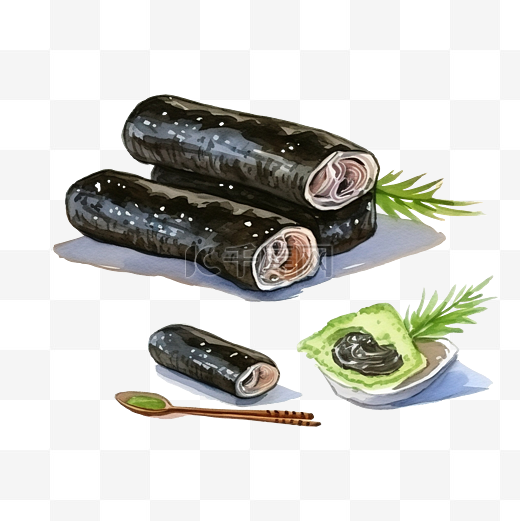日本寿司鳗鱼与海藻的水彩画日本料理数字绘画食物插图区域食品概念图片
