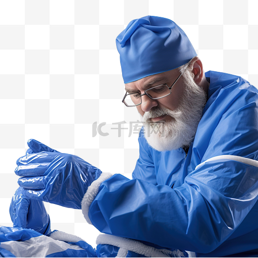 圣诞老人戴上蓝色防护手套图片
