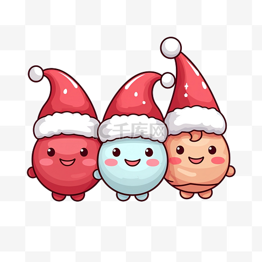 可爱又有趣的卡哇伊三个马卡龙吉祥物，戴着圣诞老人的帽子过圣诞节图片