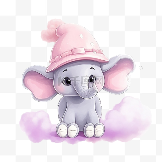 可爱的粉色大象戴着帽子骑着云图片