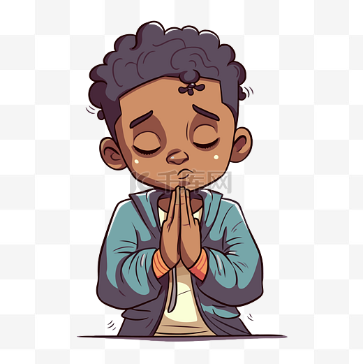 祈祷剪贴画 黑人男孩祈祷卡通的插图 向量图片