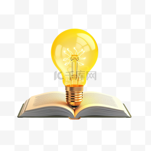 黄色灯泡与打开的书孤立的想法提示教育知识创造想法概念最小抽象 3D 插图或 3D 渲染图片