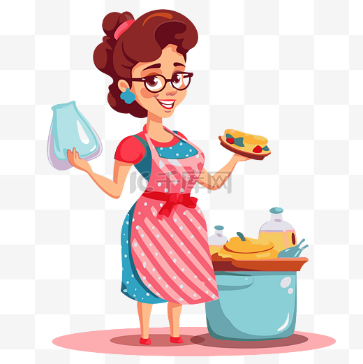 家庭主妇剪贴画女人拿着一个三明治，白色背景与厨房卡通隔离 向量图片