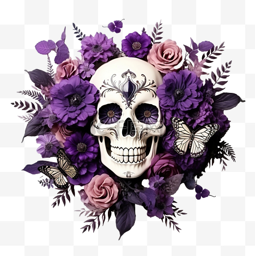 万圣节布置紫色花朵和蝴蝶与头骨秋季花卉组合物图片