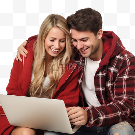 一对幸福的夫妇穿着配套的衣服，在笔记本电脑上网上购物圣诞节图片