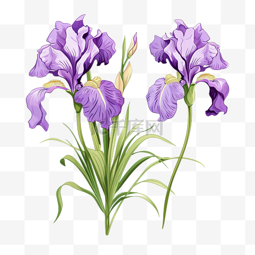 花盛开的鸢尾花，带芽和叶子插画紫色的花图片