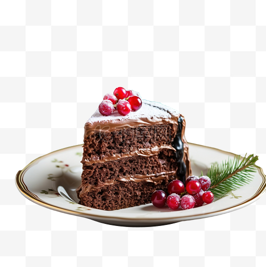 美味的巧克力蛋糕放在碟子上，圣诞装饰和木质表面上有冬青和浆果图片