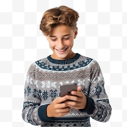 穿着圣诞毛衣拿着电话的少年男孩肖像图片