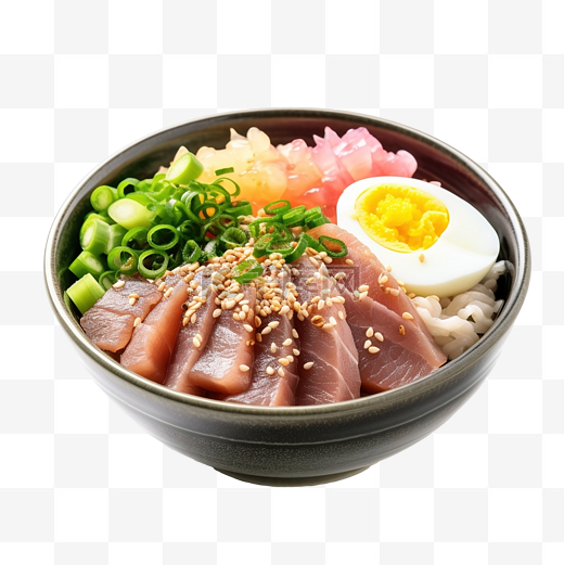 金枪鱼唐配生鸡蛋和 ikura 和切片葱和白芝麻和黑芝麻日本食品图片