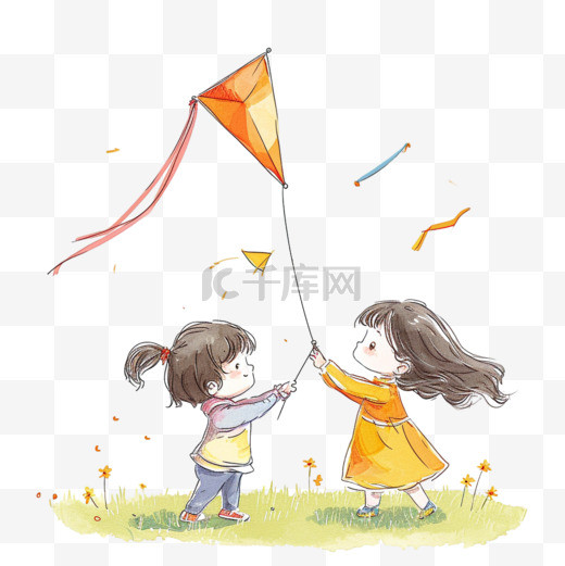 孩子放风筝玩耍卡通手绘春天元素图片