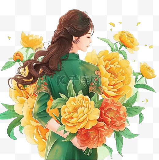 妇女节时尚女孩手绘花朵插画元素图片