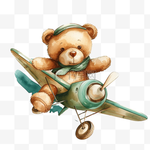 小熊飞机卡通免抠手绘元素图片