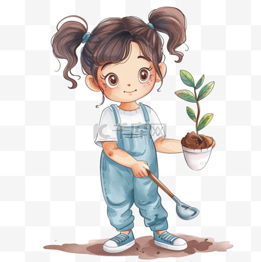 植树节女孩植树卡通元素手绘图片