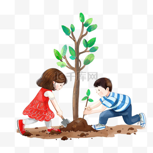 植树节一家人植树插画手绘元素图片