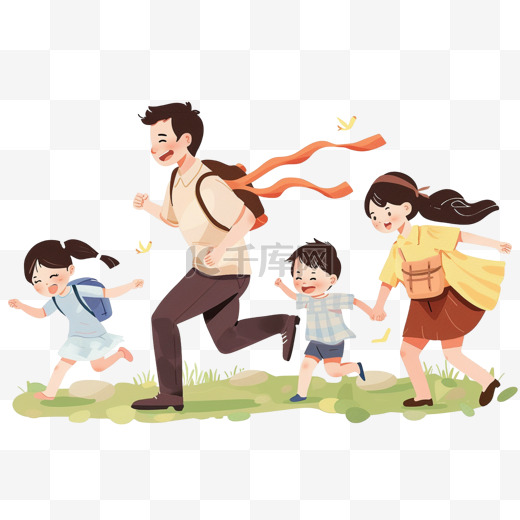 一家人奔跑卡通手绘元素春天图片