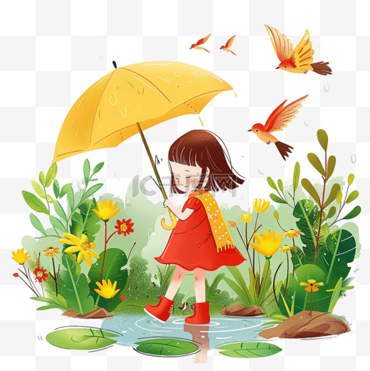 春天春雨手绘可爱女孩植物元素图片
