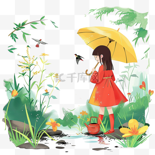 春天春雨植物可爱女孩手绘元素图片
