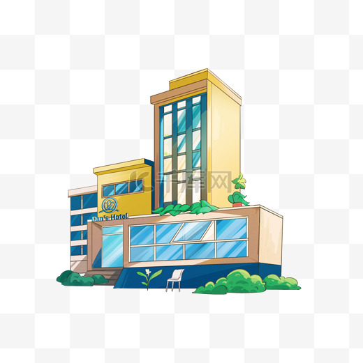 蓝色黄色卡通旅馆酒店宾馆建筑素材图片