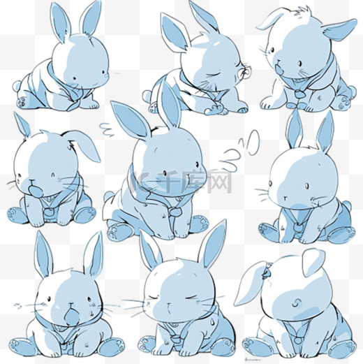 可爱卡通萌宠蓝色小兔子表情包设计图图片