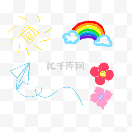 手绘卡通太阳彩虹飞机小花素材图片