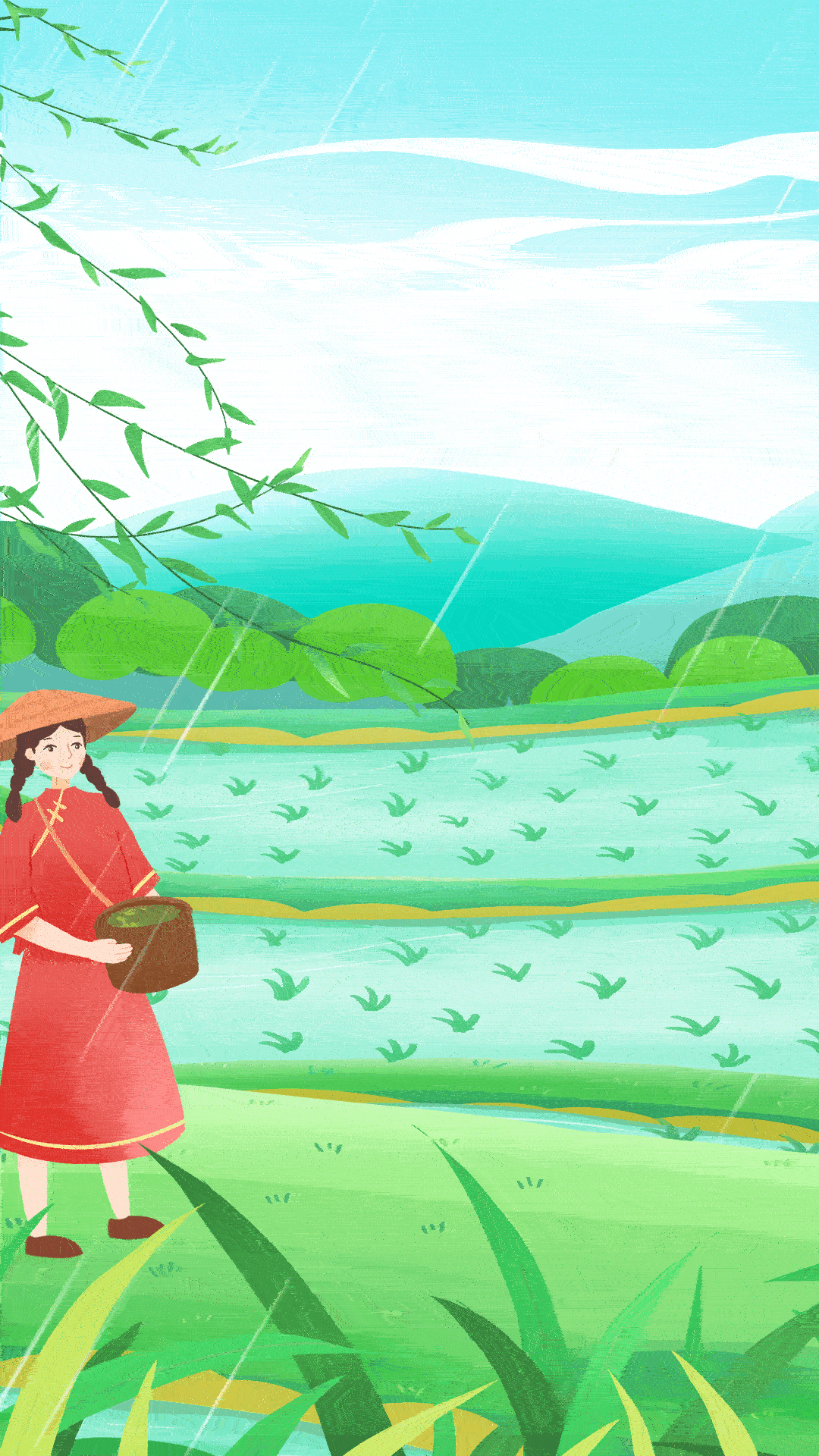 二十四节气谷雨稻田女孩绿色创意动态海报动图gif图片
