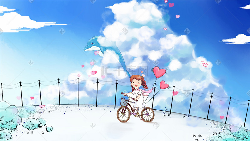 踩自行车的小女孩日系小清新插画图片