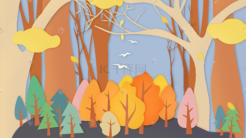 金色立秋树林剪纸扁平插画图片