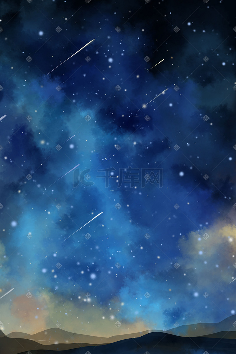 深蓝色唯美卡通手绘夜晚星空星辰星风景配图图片