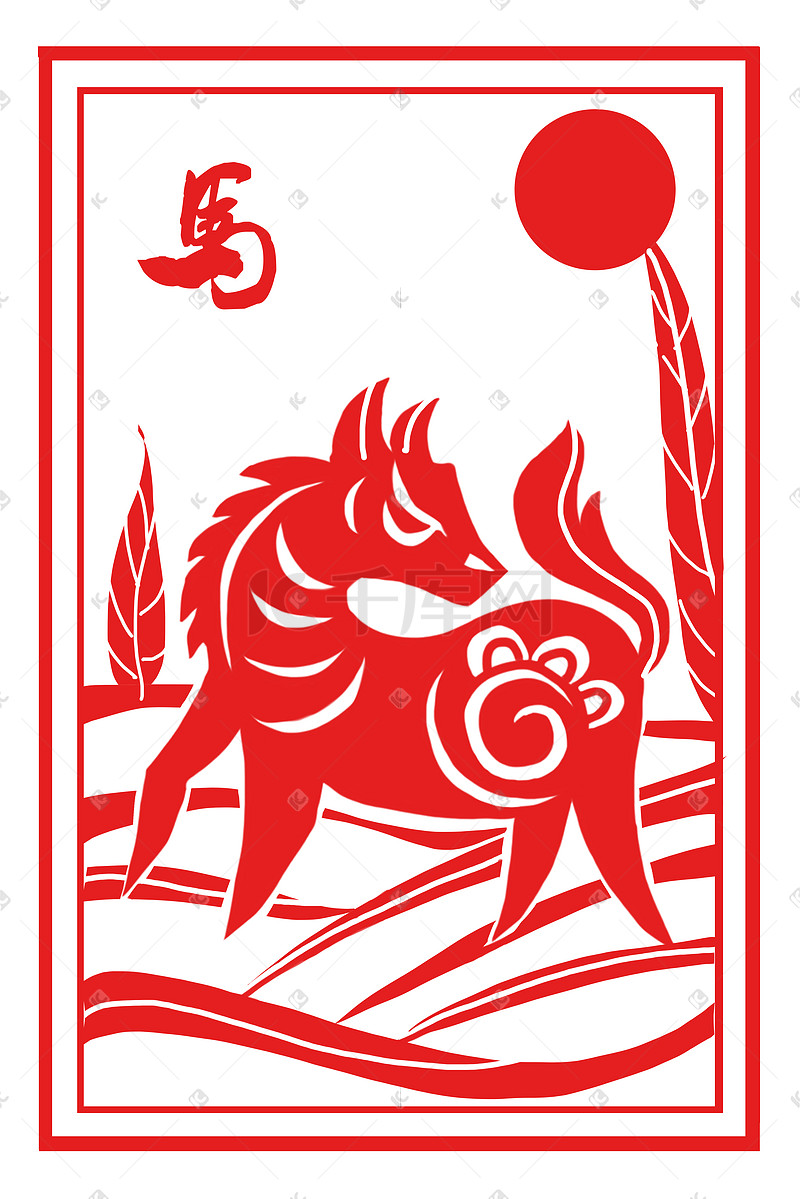 红色剪纸中国风十二生肖之马插画图片