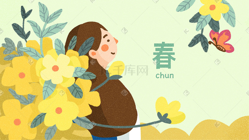 春天女孩和蝴蝶清新插画banner背景图片