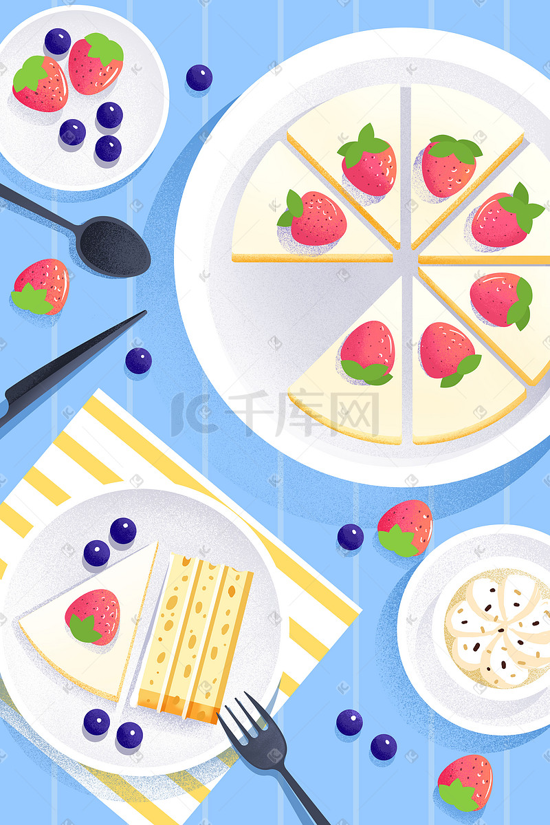 美食插画草莓蛋糕海报背景图片