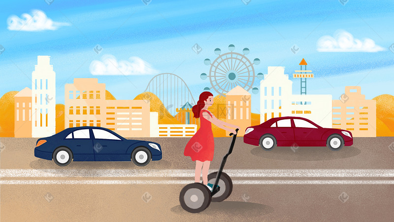 城市生活交通工具出行平衡车汽车女孩手绘图片