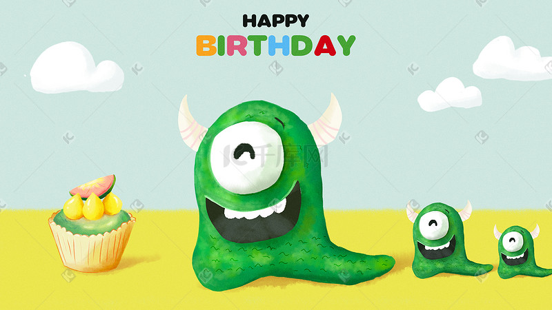 Q版卡通小怪兽带宝宝吃生日蛋糕图片