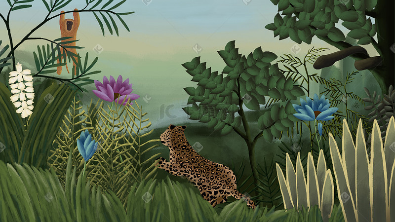 亨利卢梭热带雨林风格插画图片
