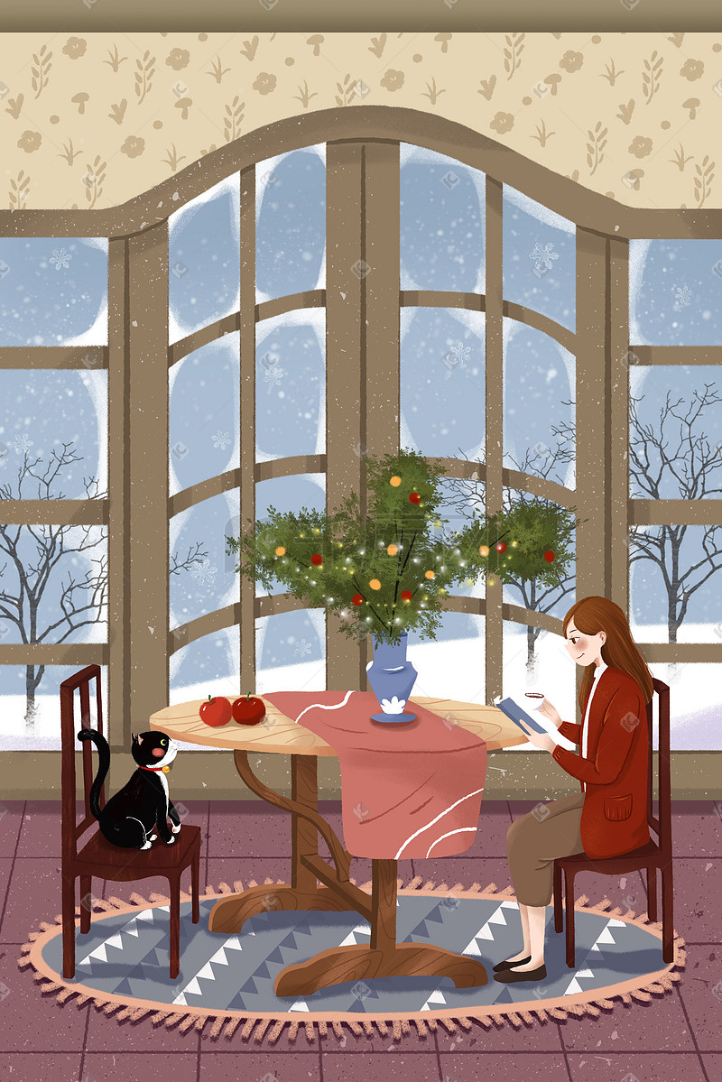 手绘冬季窗前的文艺女青年和猫咪插画图片
