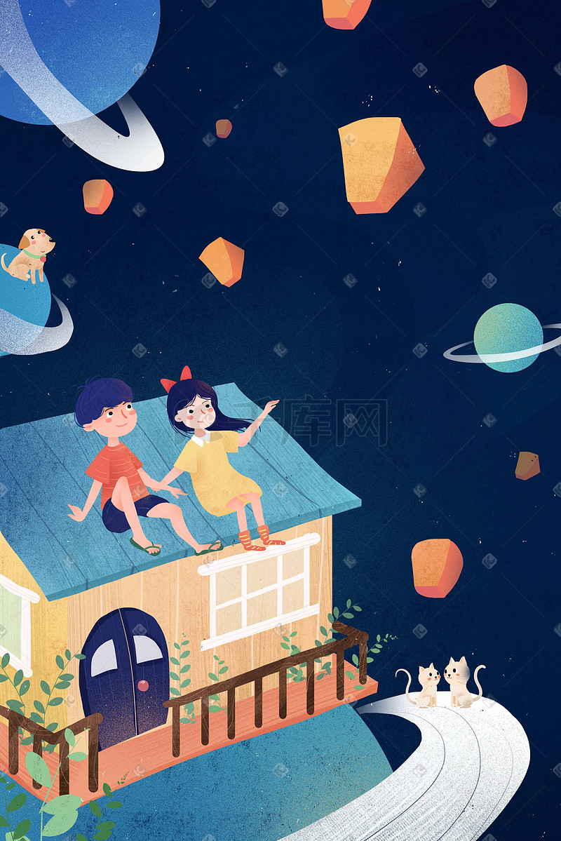 蓝色卡通情侣坐在屋顶看孔明灯创意七夕插画图片