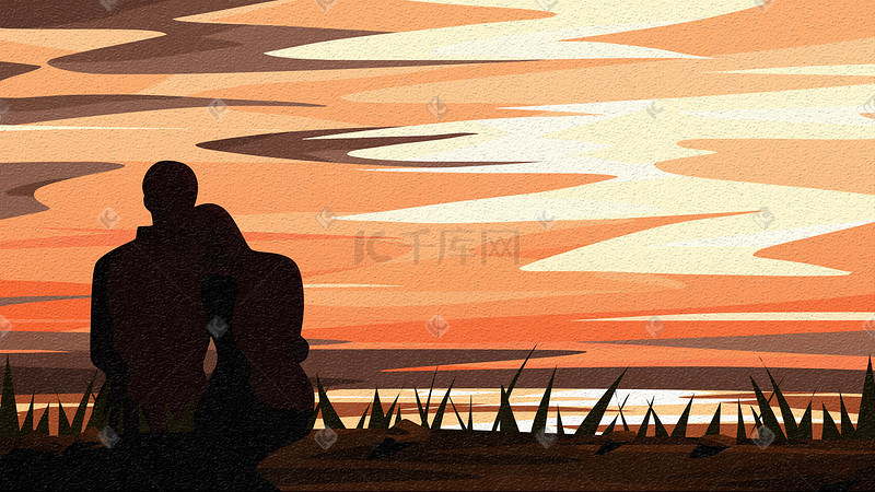 情侣依靠着坐在河边看日落图片