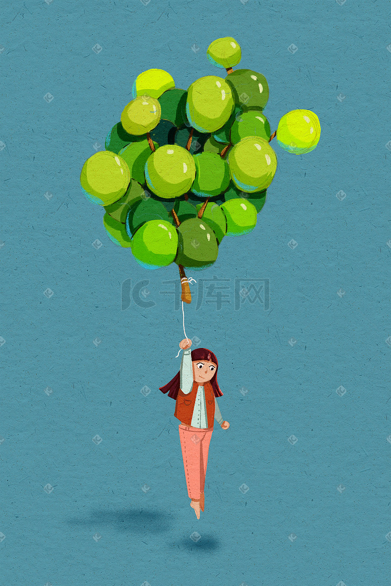 小女孩和飘浮的绿色葡萄图片