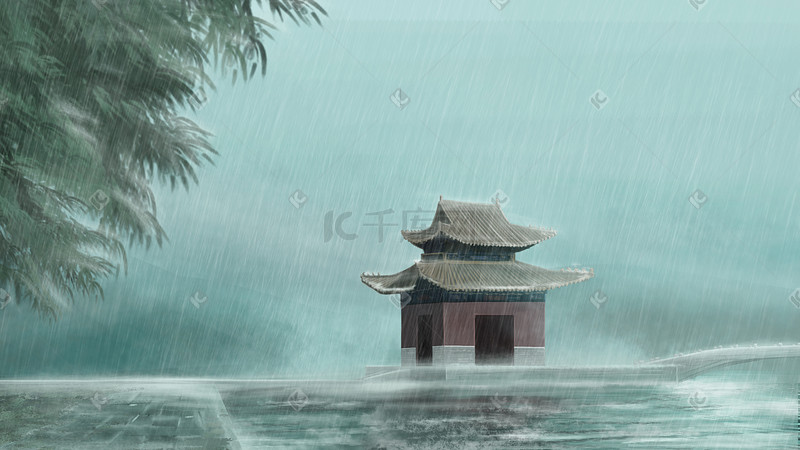 大雨中的古楼厚涂图片