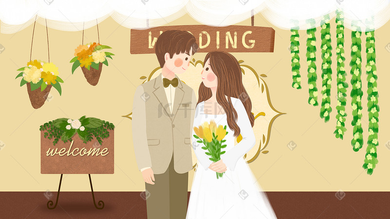 小清新田园风婚礼新人夫妇手绘插画图片