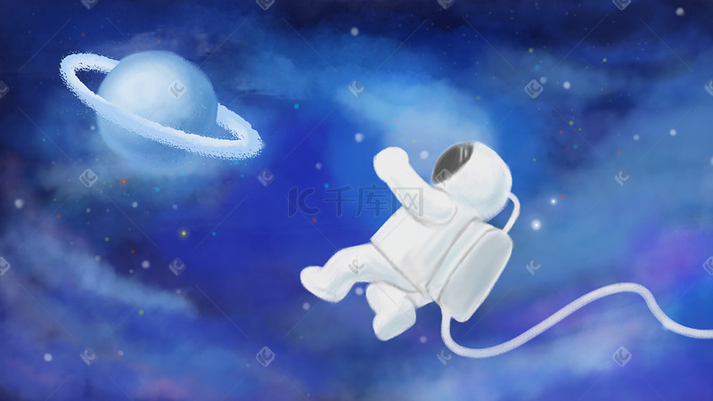 星辰宇宙蓝色星球云海宇航员手绘插画图片