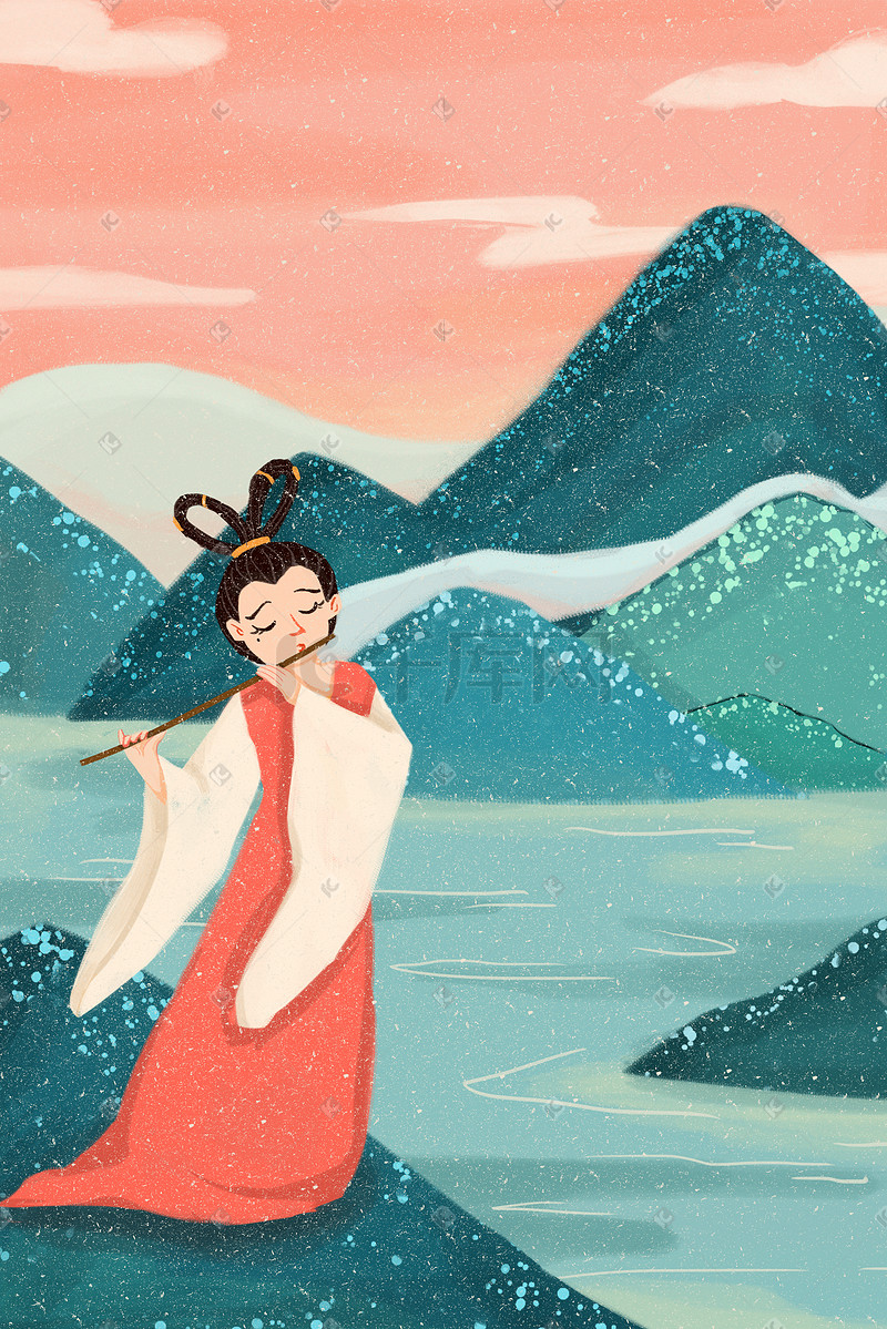 中国风复古古典人物少女吹笛子卡通插画图片
