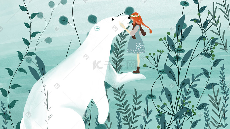 人与动物之女孩与白熊森林中图片