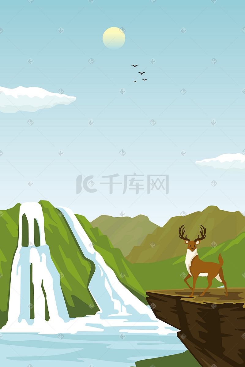 高山瀑布动物风景插画图片