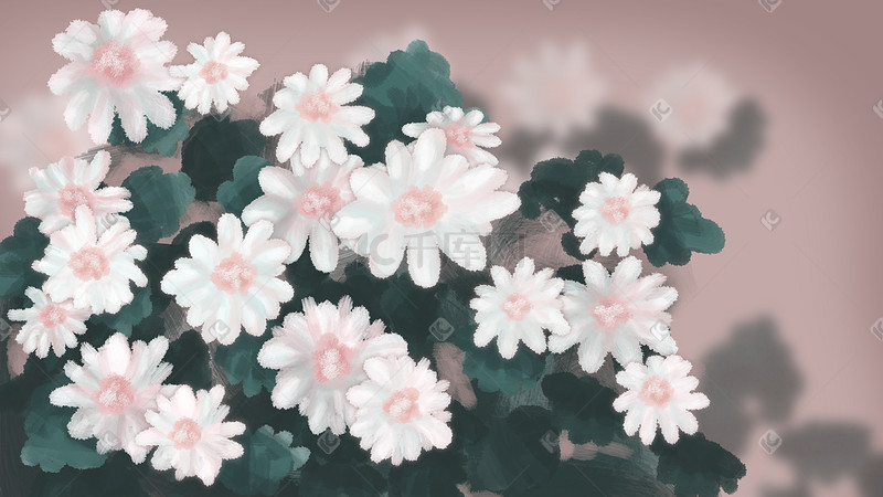 花卉植物白色花朵绿叶手绘插画psd图片