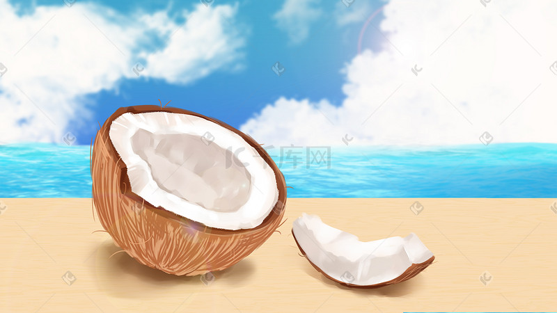 香甜椰子写实风水果插画图片