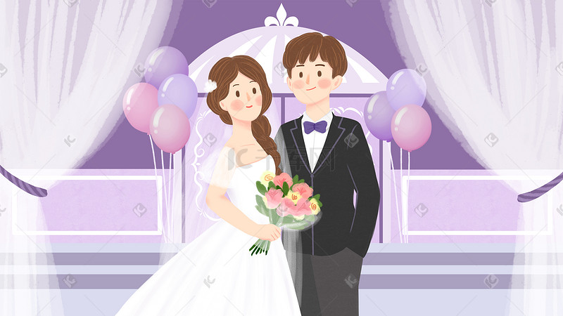 紫色浪漫婚礼场景新郎新娘手绘插画图片